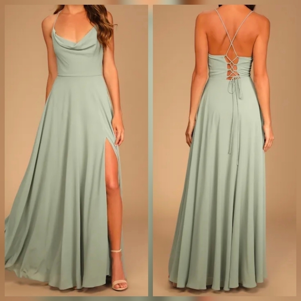 Lulus Romantically Speaking Sage Green Cowl Lace-Up Back Maxi Dress